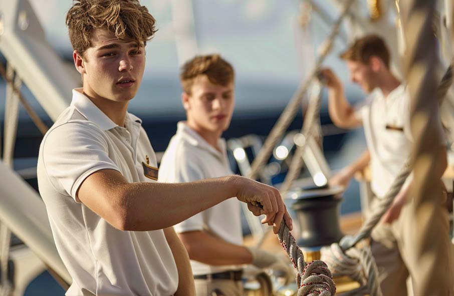 Bosun and deckhands organising mooring ropes